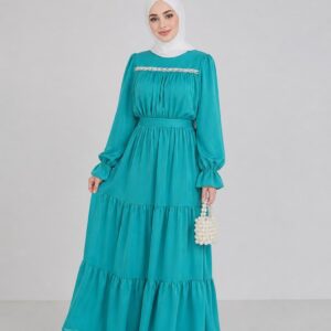 فستان ستان مميز فيروزي ( M / L )