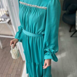 فستان ستان مميز فيروزي ( M / L )