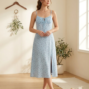 فستان صيفي لون أزرق مورد زهري