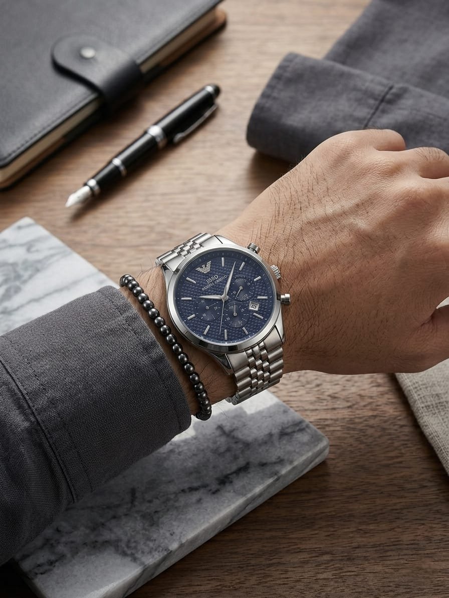  ساعة يد رجالية IBSO بلمساتها فضية بمينا كحلي فاخر