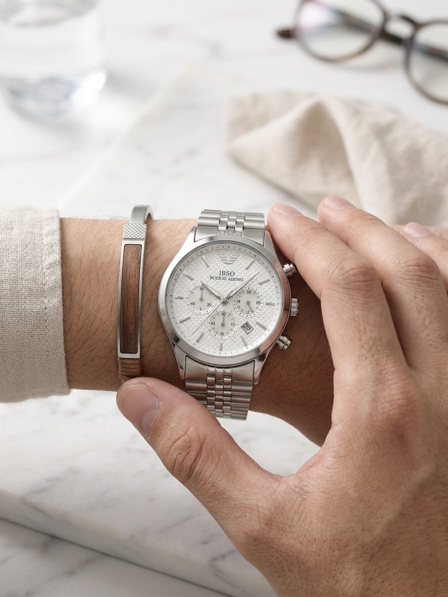 ساعة يد IBSO رجالية بلمساتها الفضية الفاخرة مينا ابيض - الصورة 2