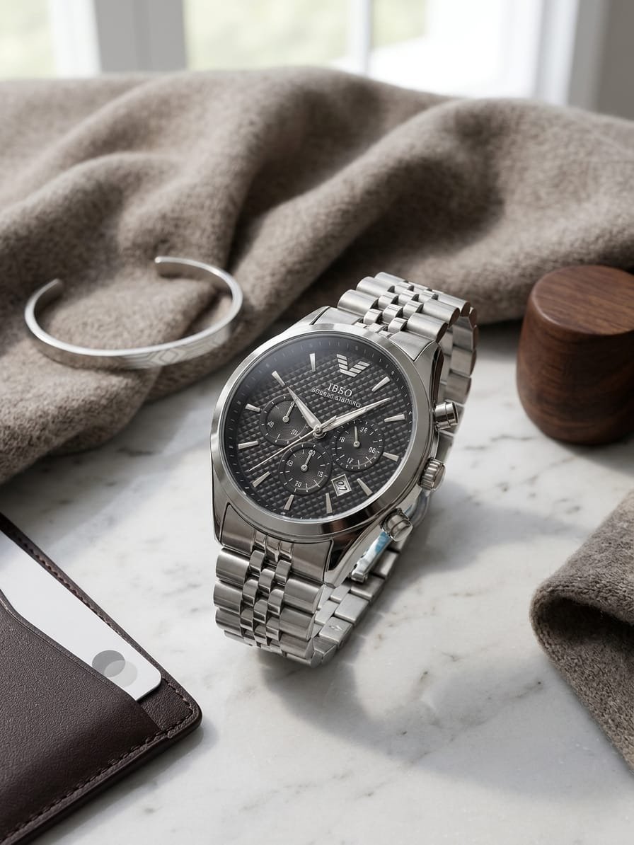ساعة يد IBSO رجالية بلمساتها الفضية الفاخرة مينا اسود - الصورة 2